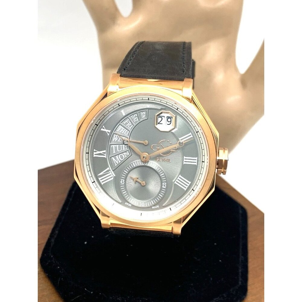 Gevril GV2 Men's Watch 42423 Swiss Quartz Gray Dial Black Leather Strap 44mm